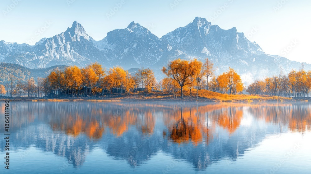 Fototapeta premium Autumnal lake reflecting snow-capped mountains; peaceful morning scene; ideal for travel brochures