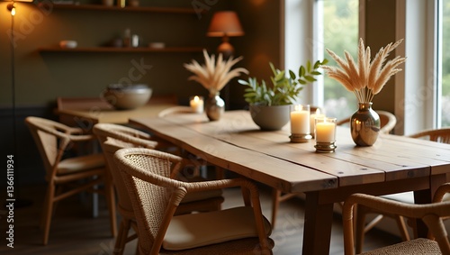 Wallpaper Mural Cozy dining room with wooden table, decor, candles, chairs, and natural light Torontodigital.ca