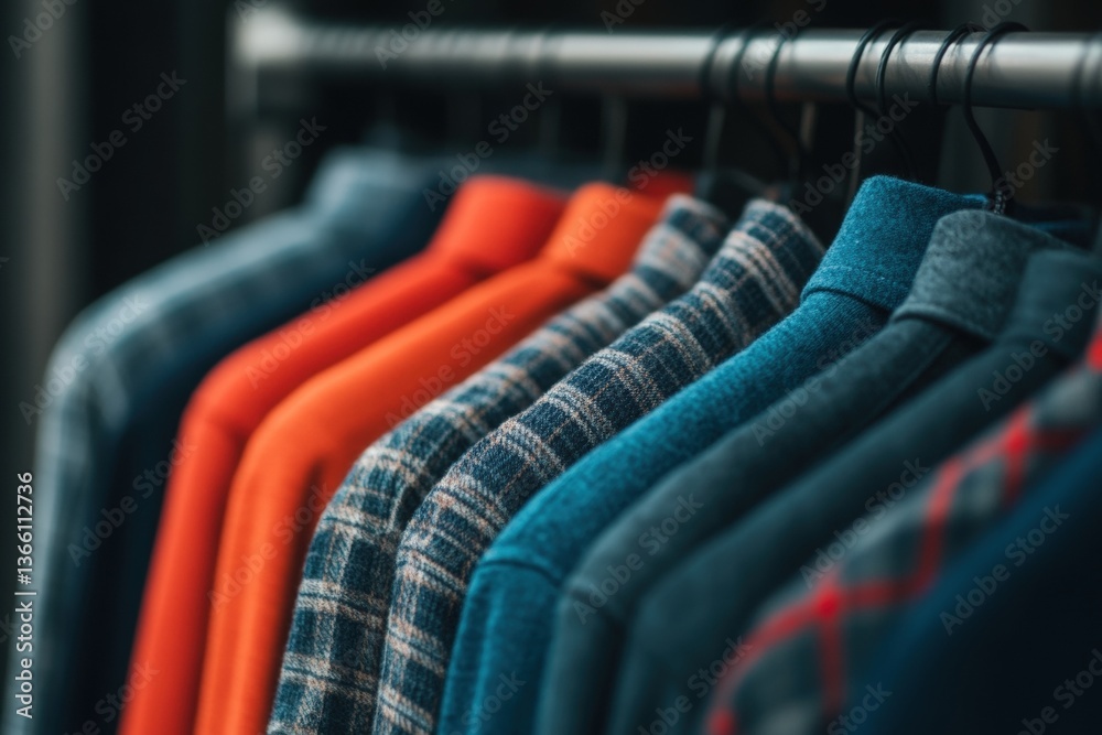 Obraz premium Metal clothing rail showcases a vibrant array of neatly aligned shirts in a stylish boutique setting Generative AI