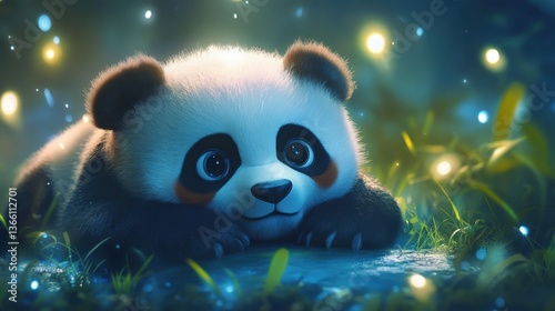 Adorable Panda Cub in a Magical Night