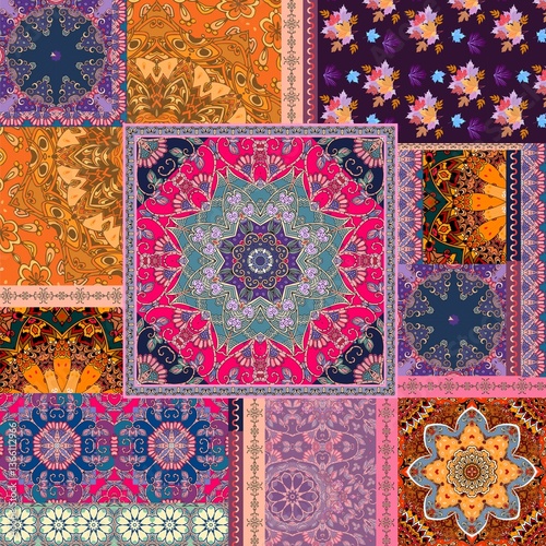 Festive patchwork pattern in asian style with flower - mandala. Bright vector illustration. Hippie design. Blanket, wrapping, print for fabric.