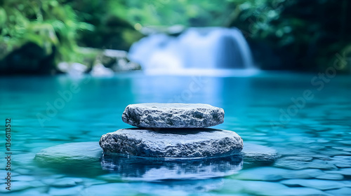 Serene stacked stones in tranquil turquoise water, waterfall backdrop