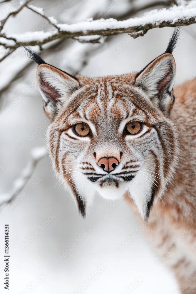 Obraz premium Majestic lynx gazes intensely, framed by snowy branches, showcas