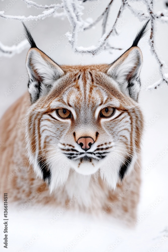 Fototapeta premium Majestic lynx gazes intensely against snowy backdrop, showcasing
