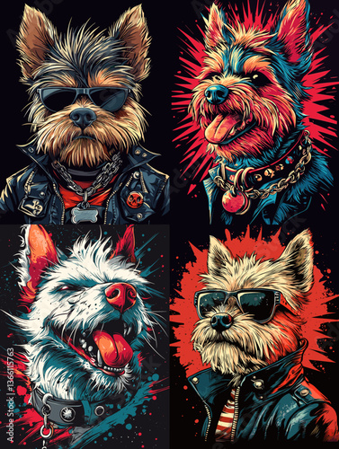 Cool terrier dogs in leather jackets, sunglasses, and bold colors with punk vibes, perfect for streetwear, pet-themed artwork, or edgy graphic design projects.

