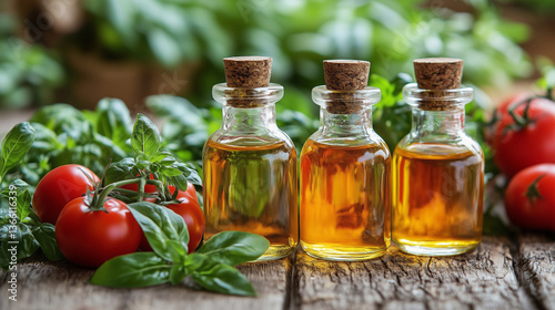 Im Garten stehen auf einem Holztisch drei Flaschen gefüllt mit frischem Öl, Tomaten und Kräuter liegen daneben, Nahaufnahme, Tageslichtsaufnahme, Querformat
