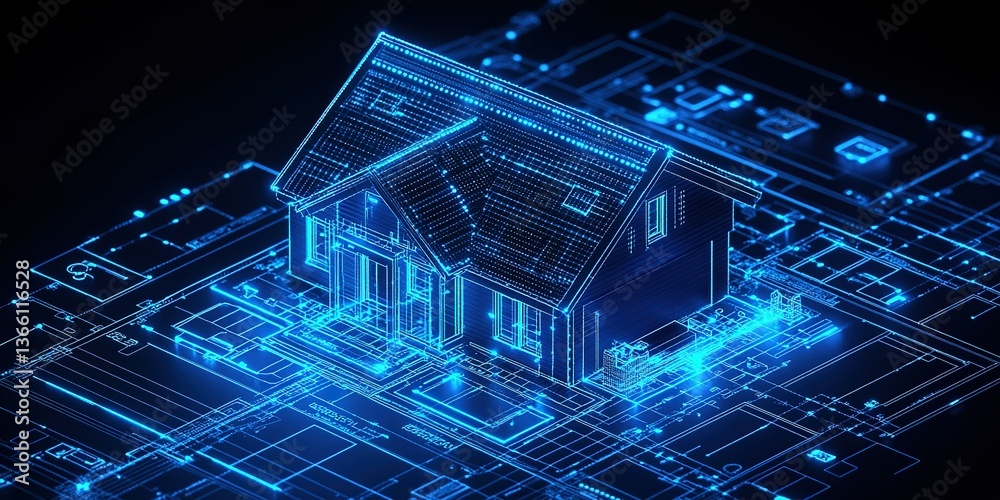 Digital representation of futuristic house design with blueprint layout in glowing blue Digital representation of futuristic house design with blueprint layout in glowing blue