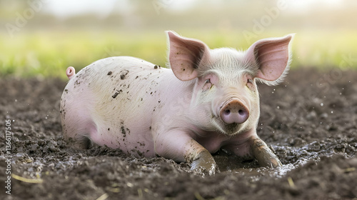 Charming little pig bathing in a mud puddle on a vibrant green farm