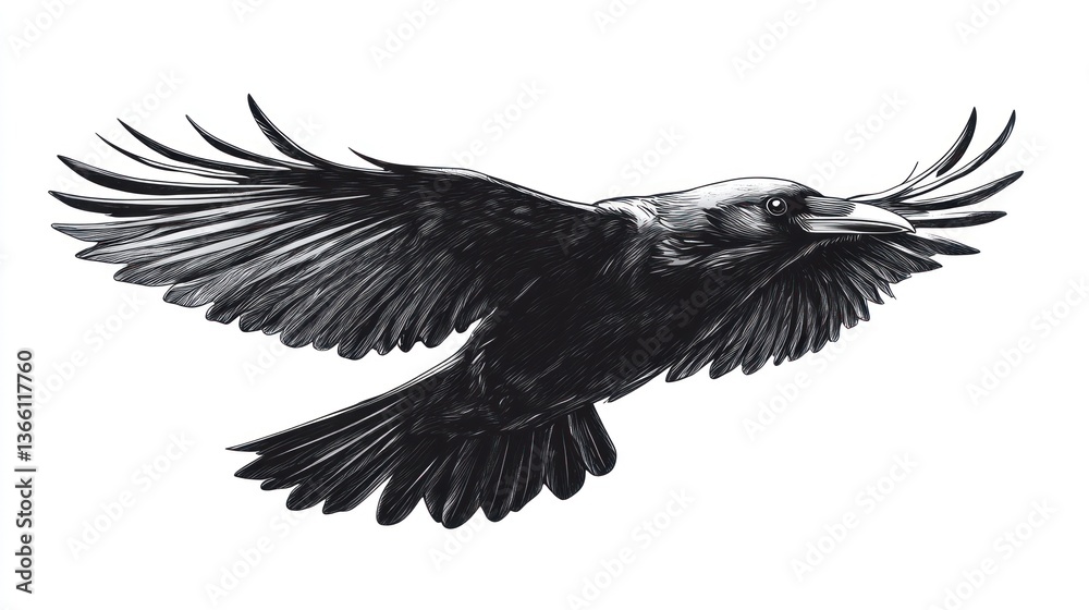Obraz premium Detailed black and white illustration of a crow in flight.