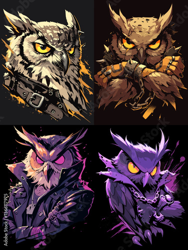 Stylish owls in leather jackets with fierce eyes and urban attitude, perfect for bold graphic design, streetwear art, edgy branding, or cool character illustrations.

