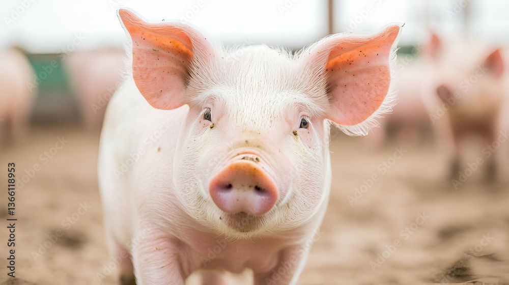 Close-up portrait of a curious pink piglet in a farm setting, outdoors Close-up portrait of a curious pink piglet in a farm setting, outdoors