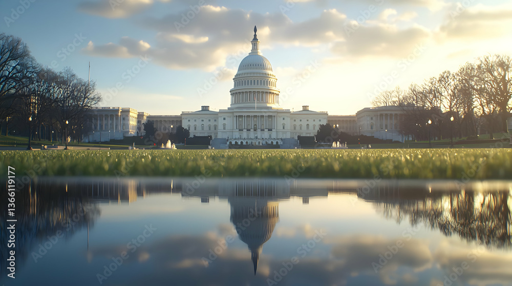 Obraz premium Majestic Capitol Building with Dome Reflected in Calm Waters Under a Blue and Yellow Sky