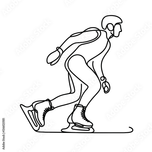 Continuous line drawing of a male ice skater gliding on ice  