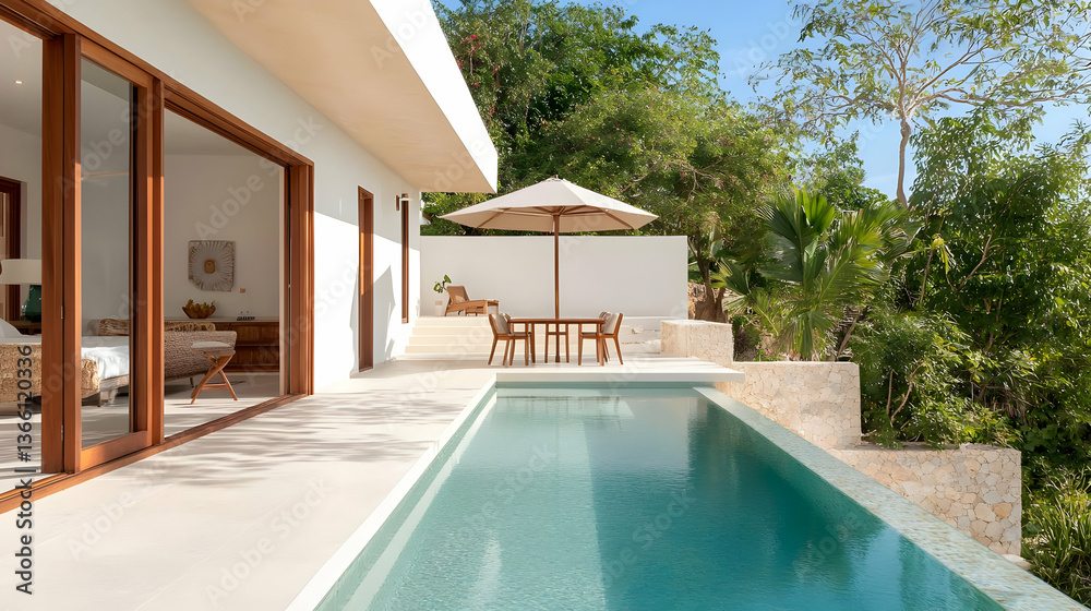 Fototapeta premium Modern Tropical Villa Pool With Wooden Furniture