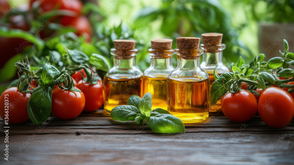Kleine Fläschchen mit selbstgemachtem Öl stehen zwischen Tomaten und frischen Kräutern auf einem Tisch, Nahaufnahme im Grünen, Querformat