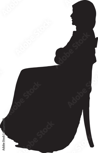 vector; silhouette of side view of a  woman with burqa sitting on chair with arms crossed