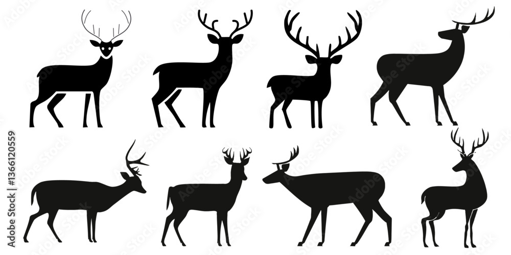 set of whitetail deer silhouette design vector art design