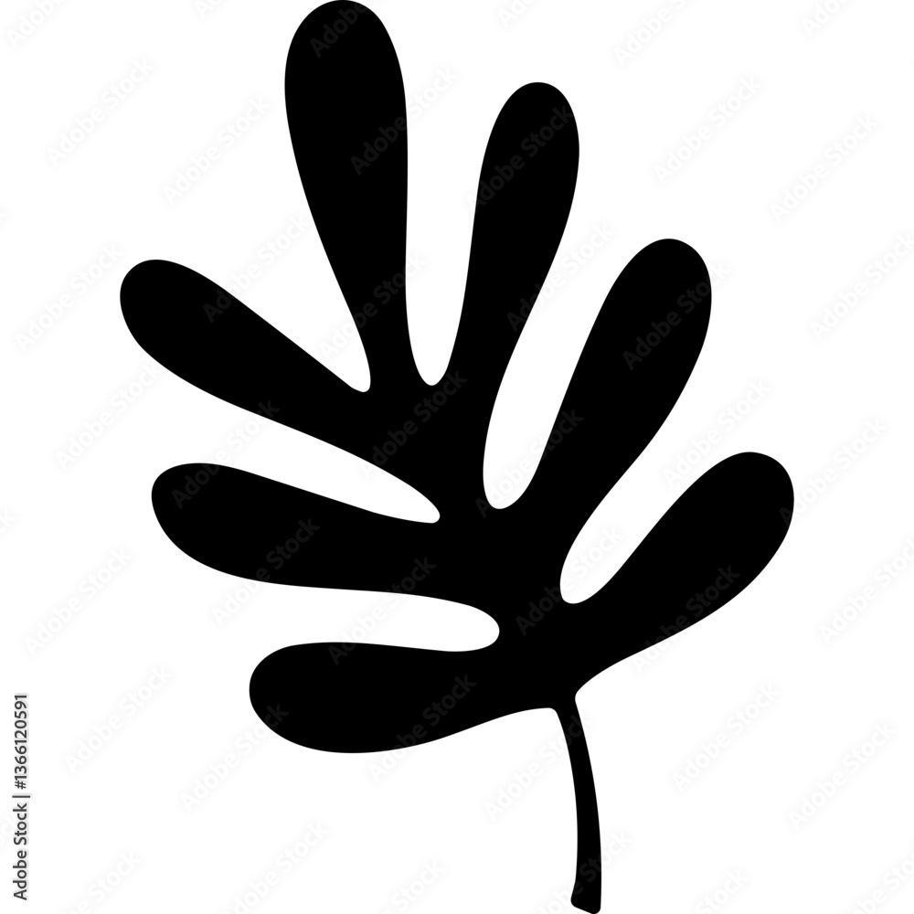Black silhouette of abstract leaf with stem vector illustration. Simple botanical silhouette of foliage with veins for decoration or design element Black silhouette of abstract leaf with stem vector illustration. Simple botanical silhouette of foliage with veins for decoration or design element