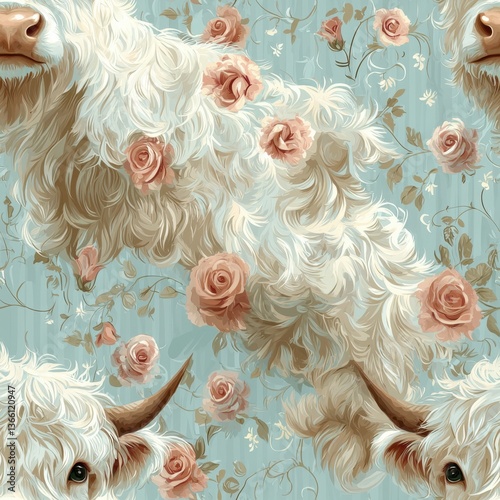 Intricate Textile Pattern Featuring Fluffy White Sheep Adorned with Pink Roses on Soft Blue Background