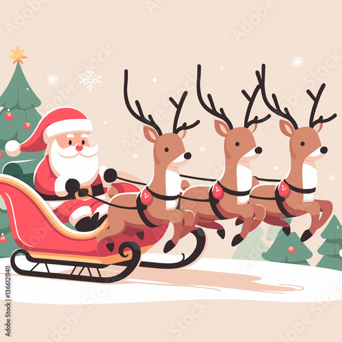 A cartoon of Santa Claus riding a sleigh pulled by three reindeer