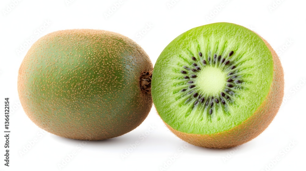 Freshly Sliced Kiwi Fruit with Vibrant Green Flesh and Textured Brown Skin on White Background Freshly Sliced Kiwi Fruit with Vibrant Green Flesh and Textured Brown Skin on White Background