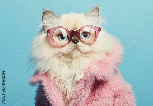 Fluffy White Cat in Pink Coat and Glasses