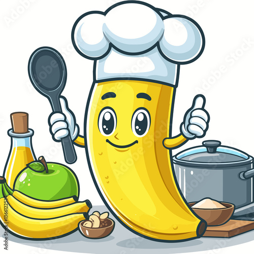 A cartoon banana chef is holding a spoon and giving thumbs up