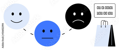 Happy, neutral, and sad faces connected by dashed lines, binary code panel, and shopping bag. Ideal for consumer feedback, decision-making, sentiment analysis, user experience psychology