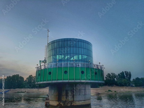 Fotografie Modern water intake tower on the Vistula River in Warsaw, Poland