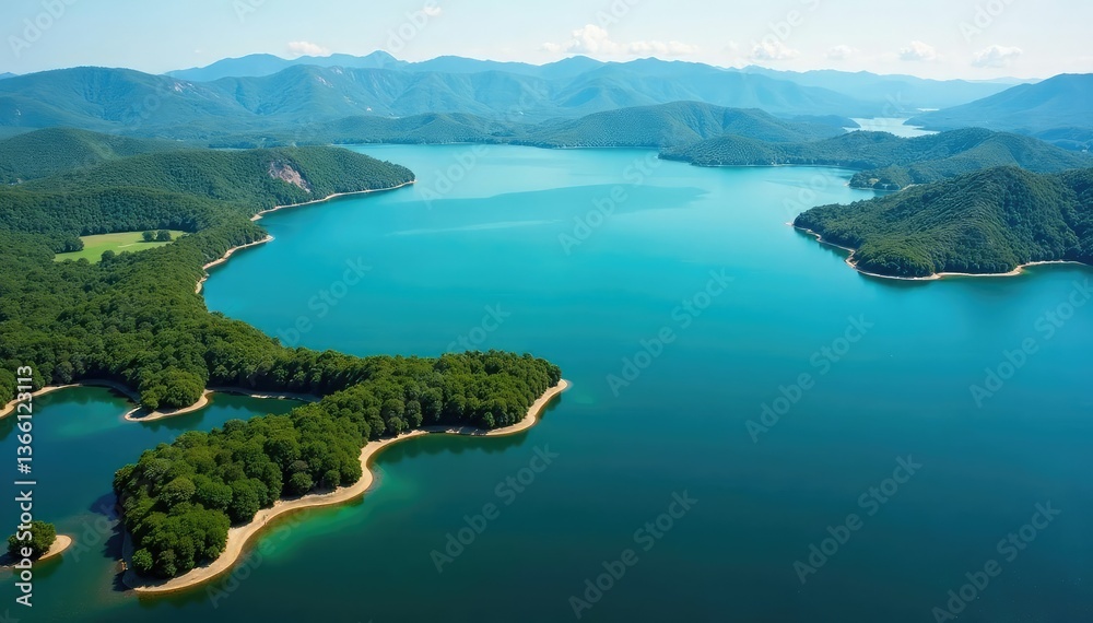 Irregularly shaped lake with inlets and islands, aerial view, water, geology Irregularly shaped lake with inlets and islands, aerial view, water, geology
