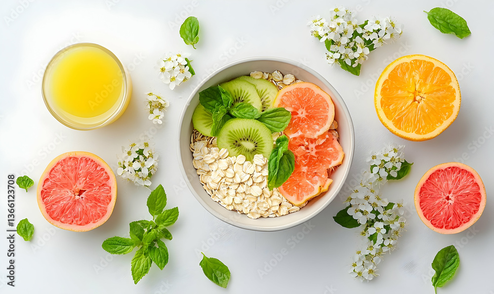 Fresh Spring Oat Bowl with Citrus and Greens for Healthy Breakfast Fresh Spring Oat Bowl with Citrus and Greens for Healthy Breakfast