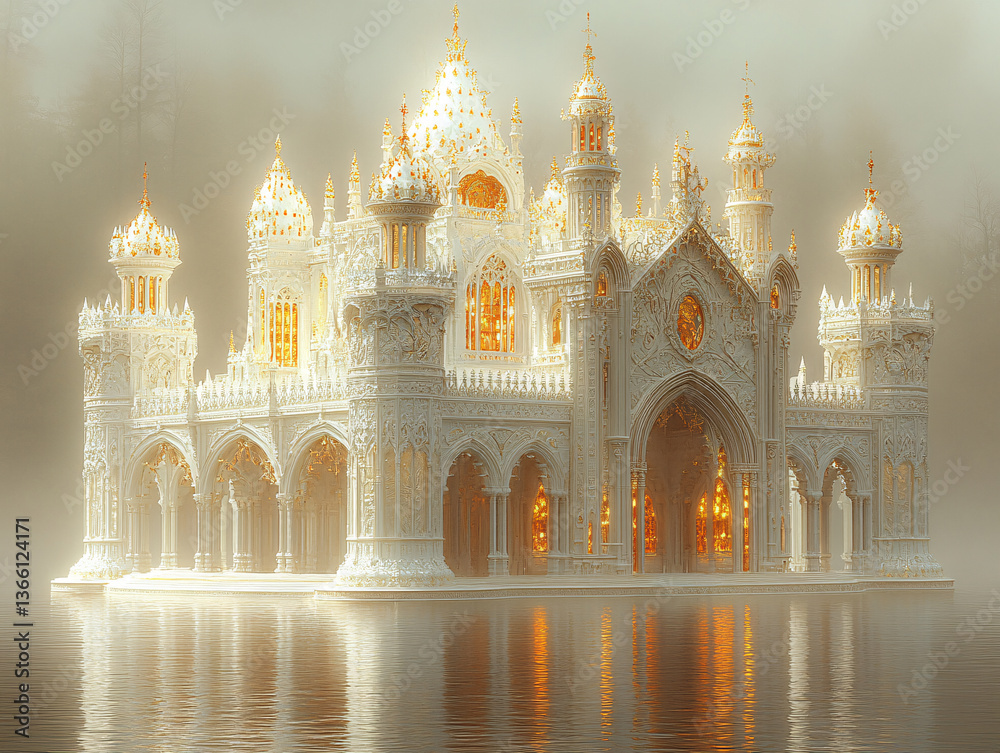 Obraz premium a grand, white and gold palace-like structure situated on a serene lake, with majestic mountains in the background. The architecture features intricate designs and multiple domes, creating a majestic 