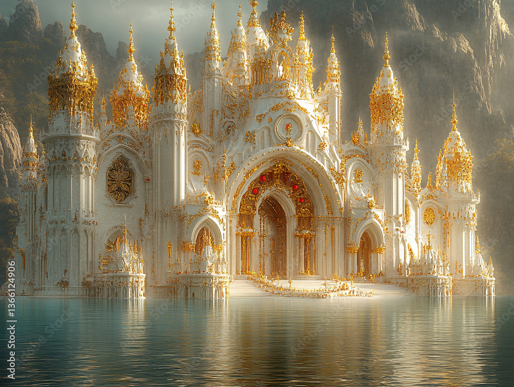 Obraz premium a grand, white and gold palace-like structure situated on a serene lake, with majestic mountains in the background. The architecture features intricate designs and multiple domes, creating a majestic 