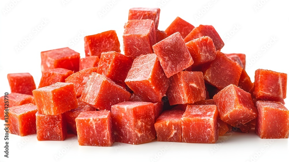 Fresh Diced Red Meat Cubes Piled Together on a White Background Ready for Culinary Preparation Fresh Diced Red Meat Cubes Piled Together on a White Background Ready for Culinary Preparation