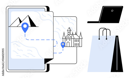 Map with destination points, laptop, and shopping bag representing travel, e-commerce, remote work. Ideal for tourism, digital nomad lifestyle, online planning, mobile apps tech innovation distance