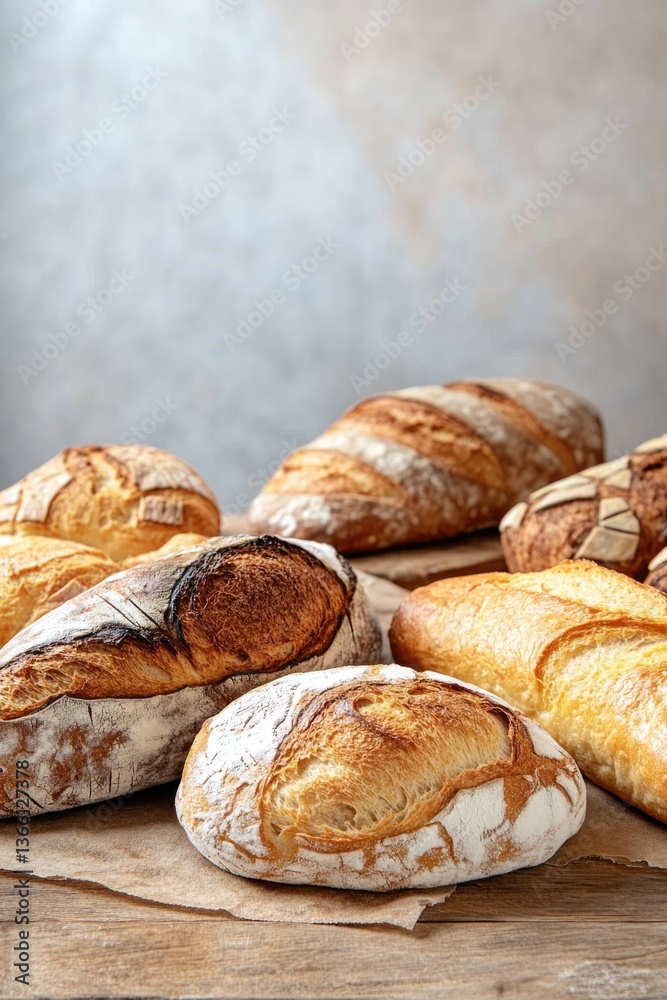 variety of freshly baked bread and pastries on rustic wooden table with ample copy space for text or logos showcasing variety of freshly baked bread and pastries on rustic wooden table with ample copy space for text or logos showcasing