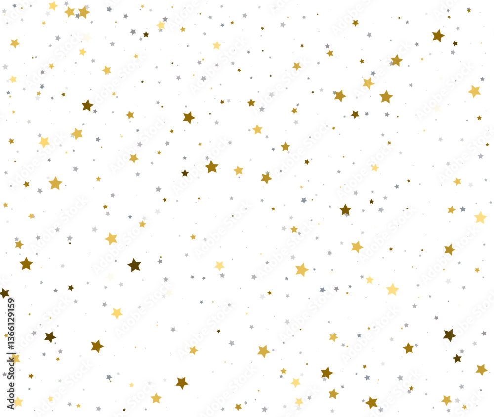 Elegant Star Confetti Pattern in Gold and Silver on White. Elegant Star Confetti Pattern in Gold and Silver on White.