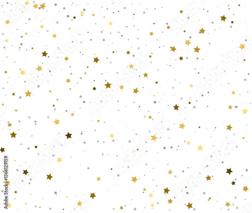 Elegant Star Confetti Pattern in Gold and Silver on White.