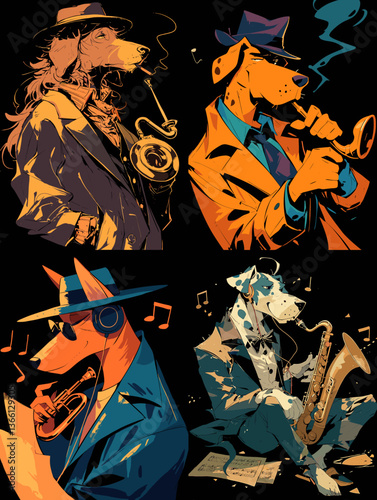 Stylish anthropomorphic dogs in suits, playing jazz with saxophones and trumpets. Confident, fashionable dogs with sunglasses and musical vibes, perfect for a vintage music lover’s collection.

