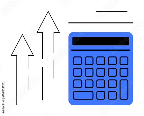 Calculator alongside three upward arrows representing growth, financial success, progress, and analytics. Ideal for finance, business, budgeting, investment, economics accounting statistics