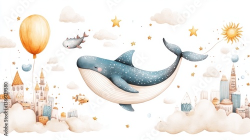 Whimsical Whale Soaring Above Pastel Cityscape In Watercolor