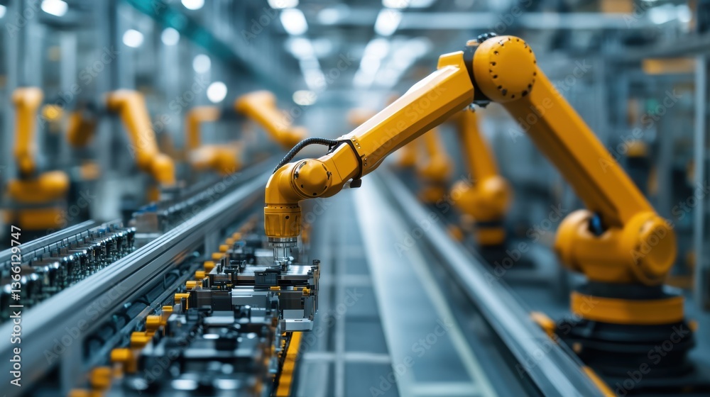 A modern factory with automated production lines, robotic arms assembling products with precision and efficiency A modern factory with automated production lines, robotic arms assembling products with precision and efficiency