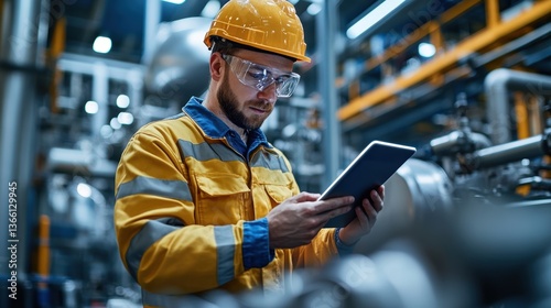 A technician performing maintenance on a machine in a smart factory, using a tablet to track performance metrics and diagnostics