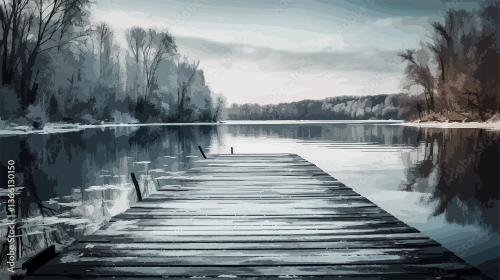 Naklejka premium A wooden pier sits on a lake with a snowy background