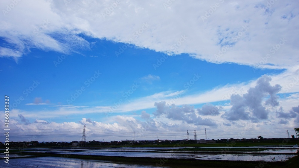 beautiful afternoon sky and expanse of rice fields and signal tower beautiful afternoon sky and expanse of rice fields and signal tower