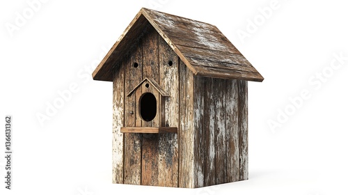 Detailed image of a wooden birdhouse on a white background, showcasing its craftsmanship and textures in vivid high resolution.