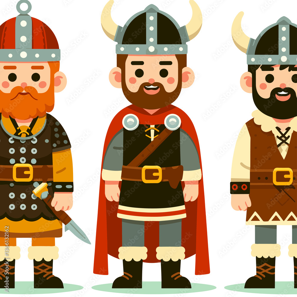 Three men dressed in Viking costumes stand in a row Three men dressed in Viking costumes stand in a row