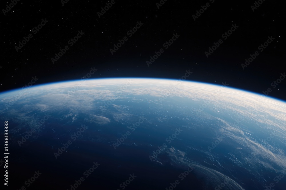 Fototapeta premium Curved horizon of Earth illuminated by sunlight against starry b