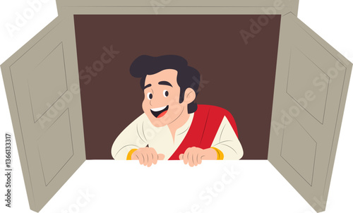 Smiling Man Peeking Open Doorway peeking, happy Pohela Boishakh Musician Bengali