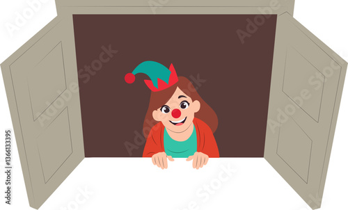 Girl Clown Hiding Closet Door Surprise peeking, happy Prankster with a Trick, April Fools’ Day